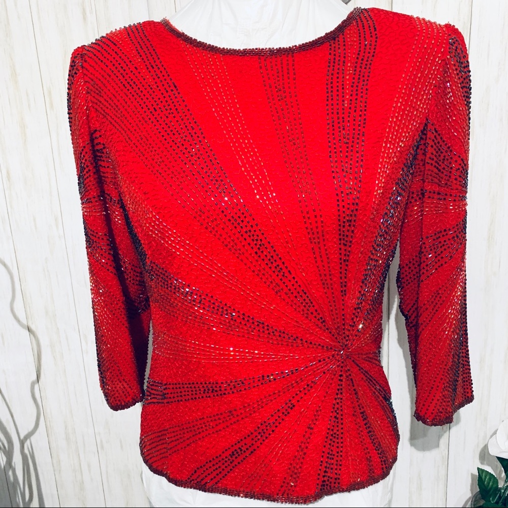 Christmas Papell Red Evening Beaded Silk Blouse